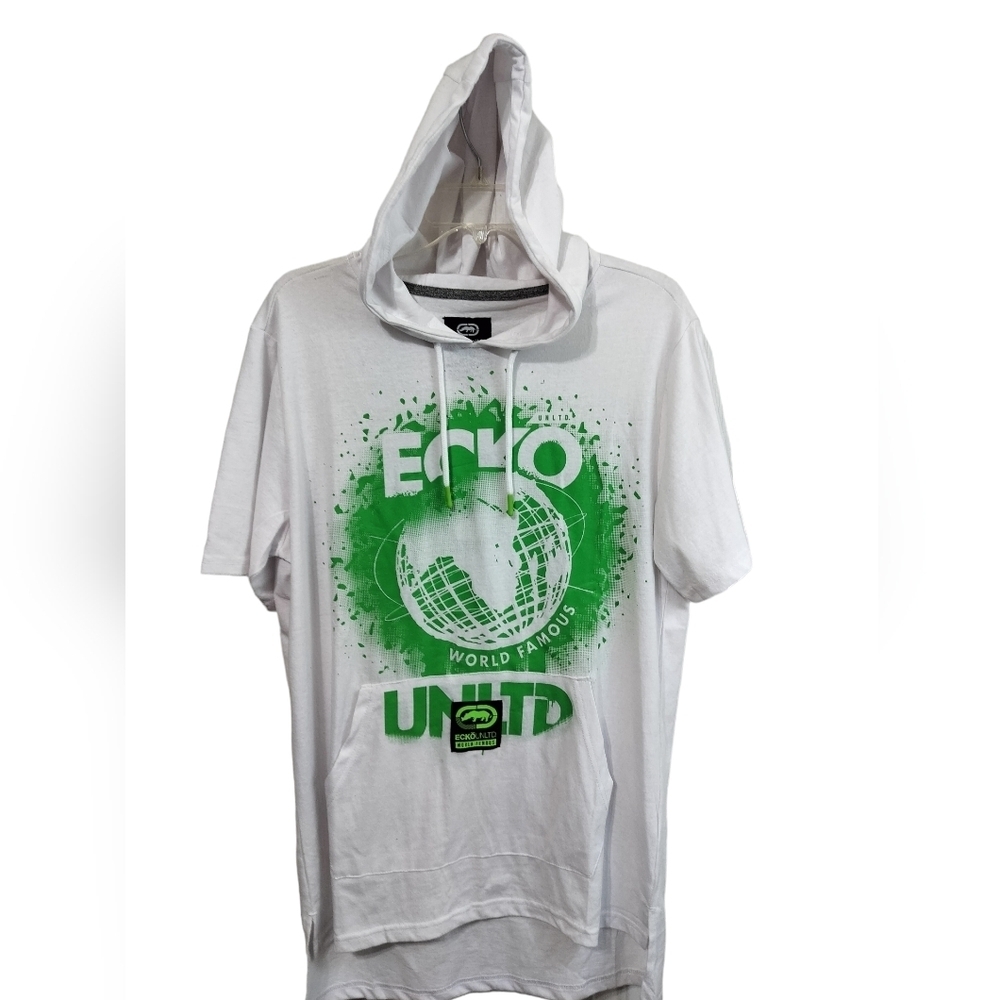 M391) Ecko Unltd White Green Hoodie Short Sleeve Shirt Size Medium. NWOT